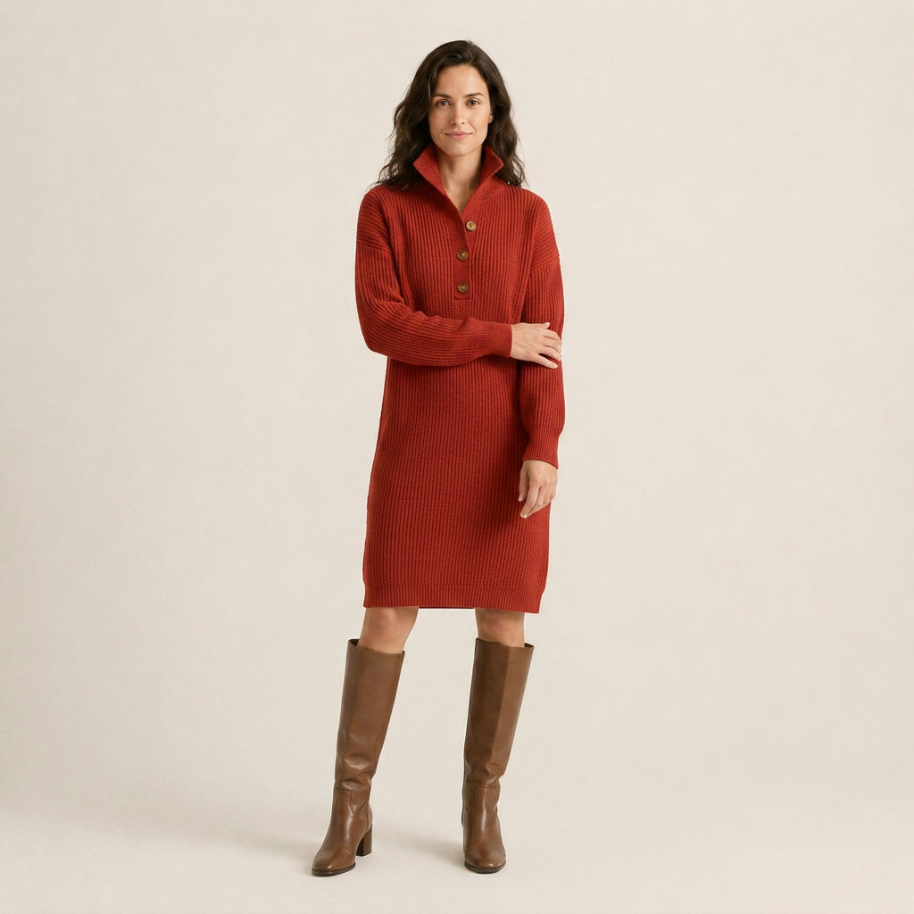 Vestido de Punto Canalé con Cuello Alto y Botones para Mujer
