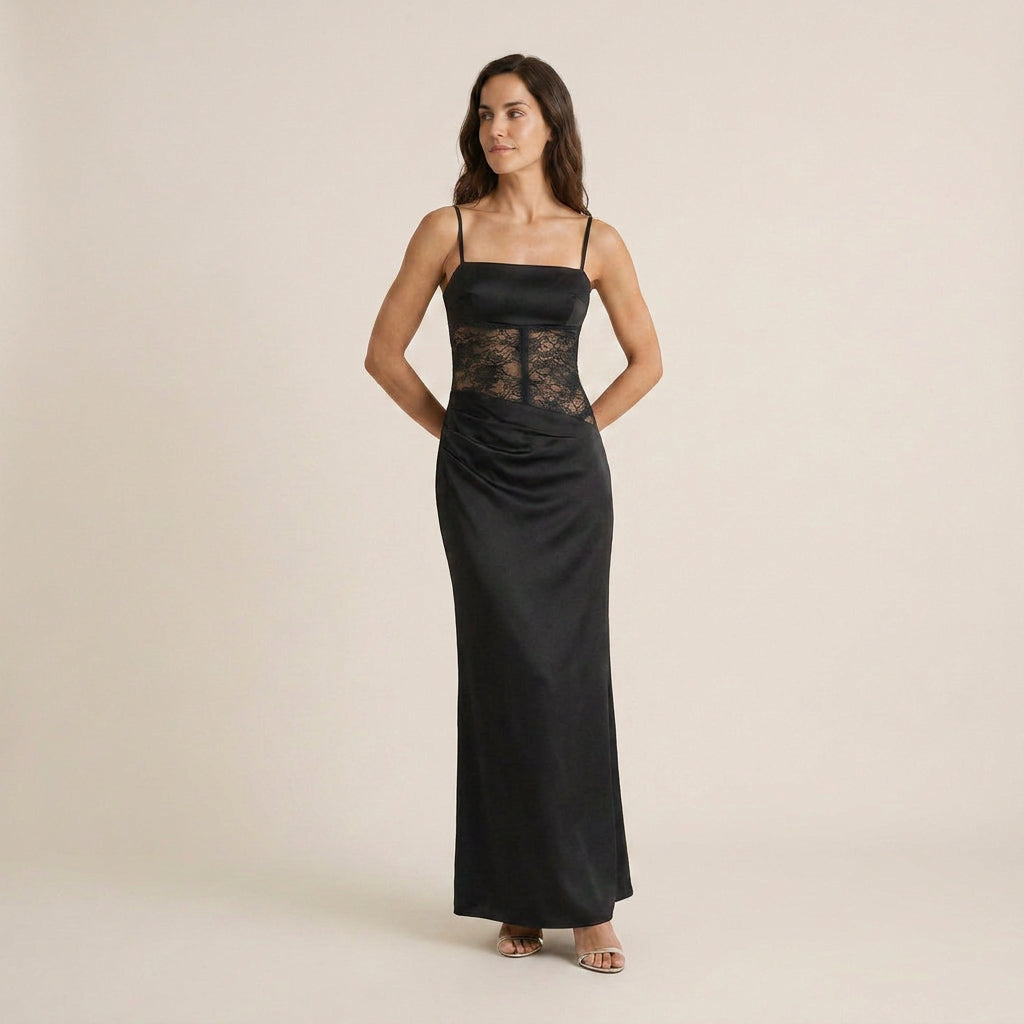 Vestido Largo Satinado con Encaje para Mujer