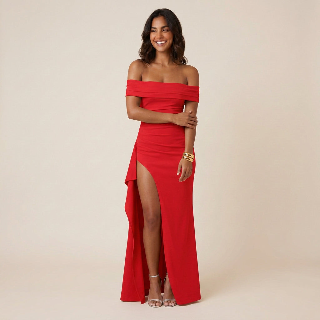 Vestido de Fiesta Largo Hombro Descubierto con Abertura para Mujer