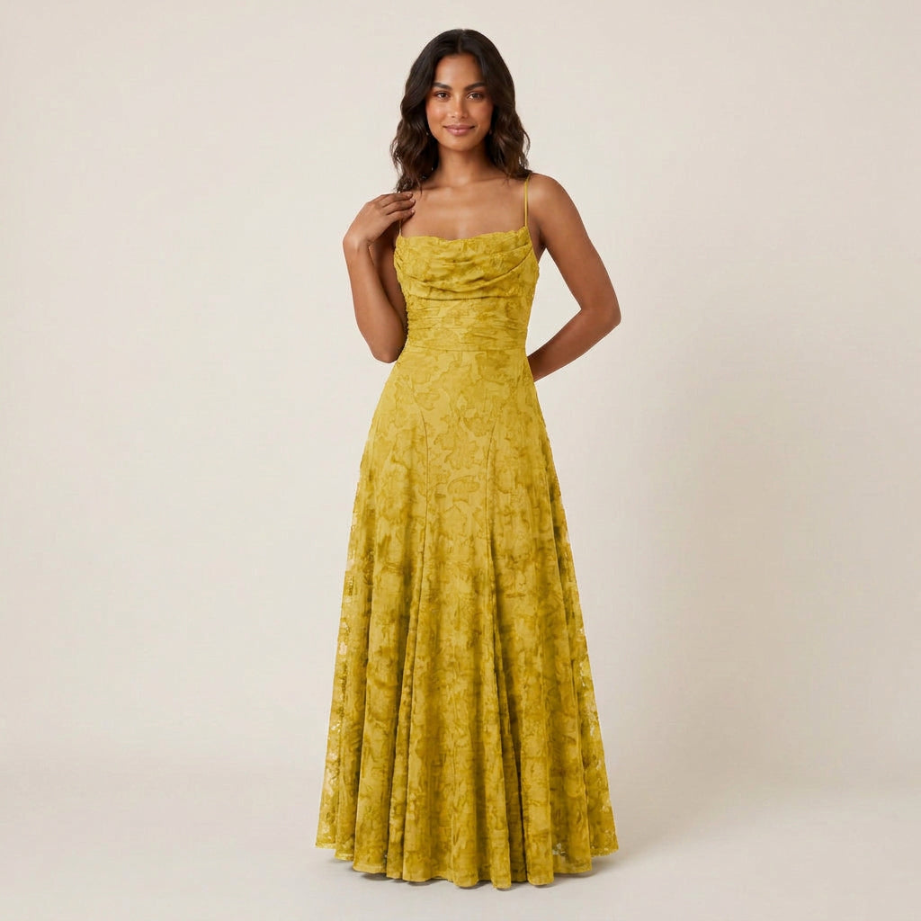 Vestido de Fiesta Largo Jacquard Floral con Tirantes para Mujer