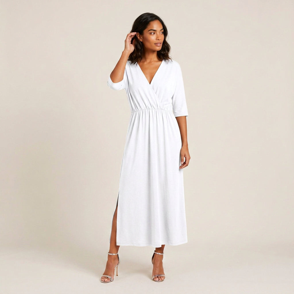 Vestido Largo Escote Cruzado Cintura Fruncida para Mujer