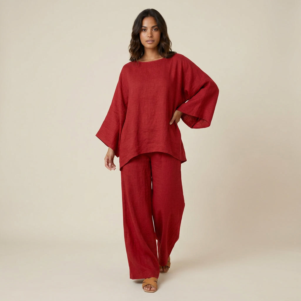 Conjunto de Lino con Blusa Asimétrica y Pantalón Ancho para Mujer