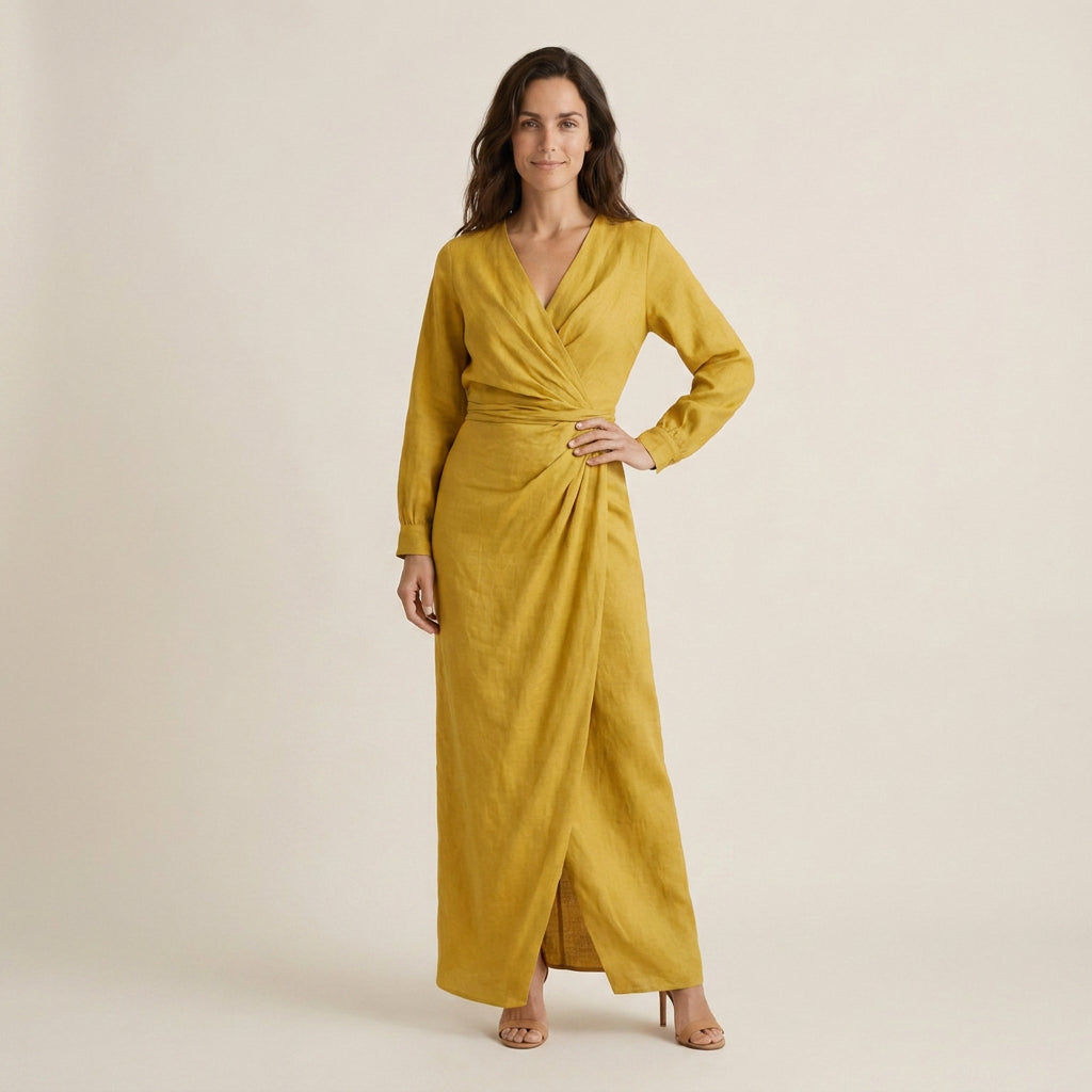 Vestido Largo Cruzado Efecto Lino Manga Larga para Mujer