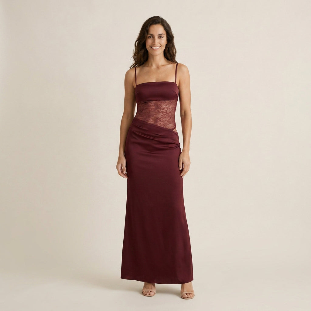 Vestido Largo Satinado con Encaje para Mujer