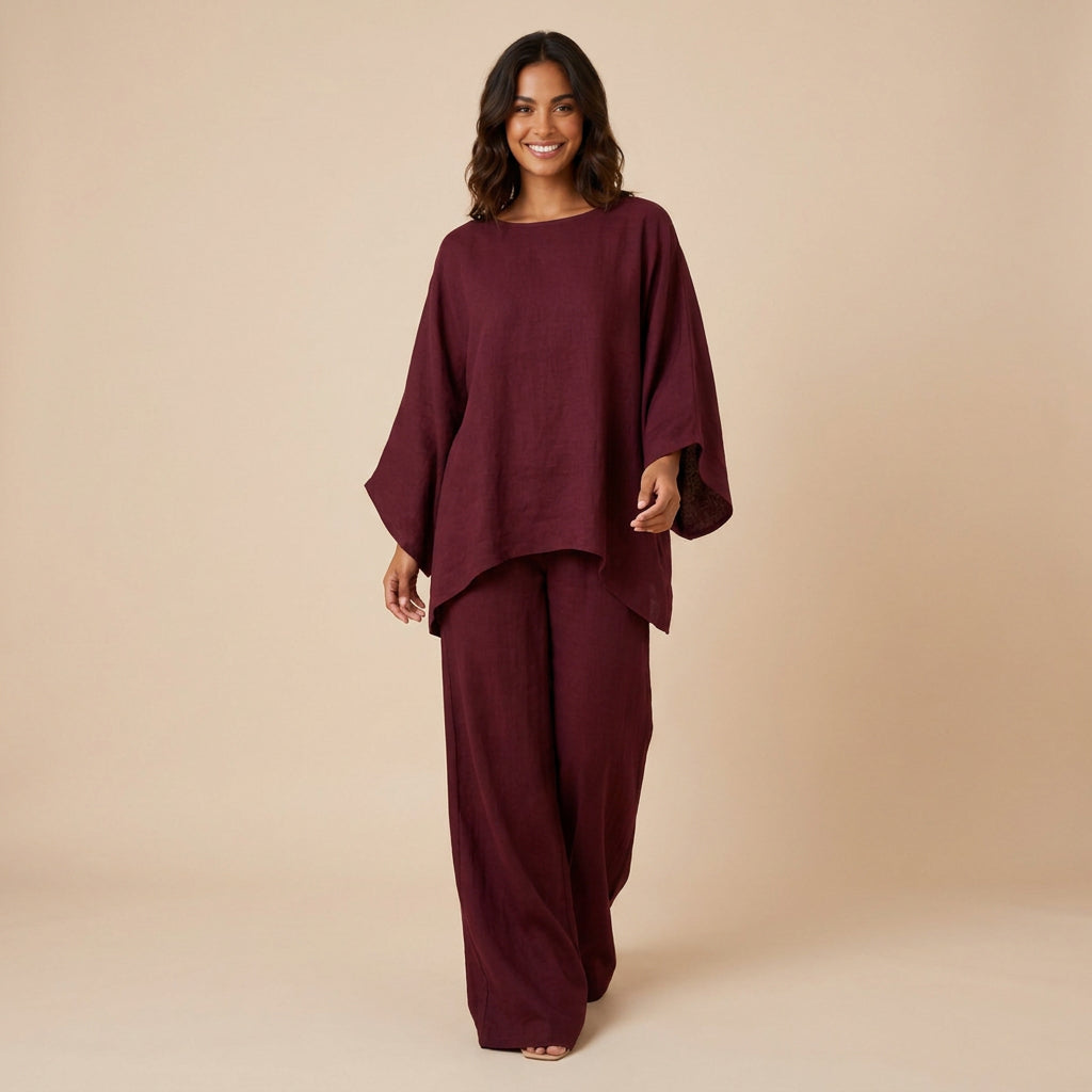 Conjunto de Lino con Blusa Asimétrica y Pantalón Ancho para Mujer