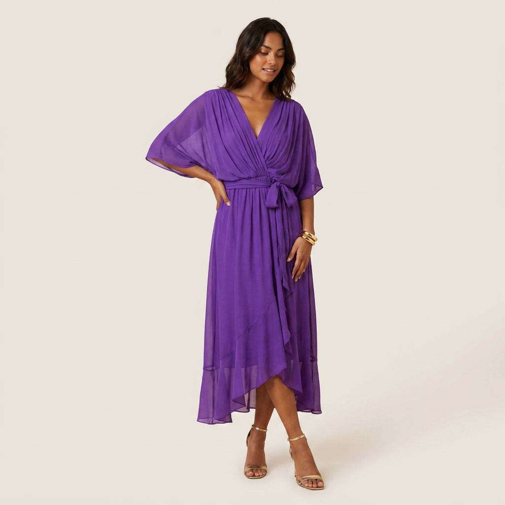 Vestido Midi Cruzado Efecto Gasa con Volante para Mujer