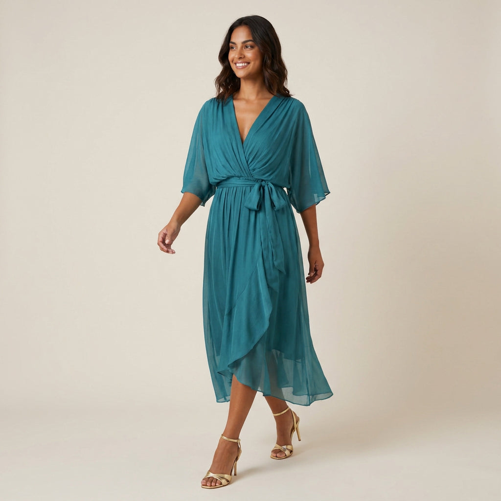 Vestido Midi Cruzado Efecto Gasa con Volante para Mujer