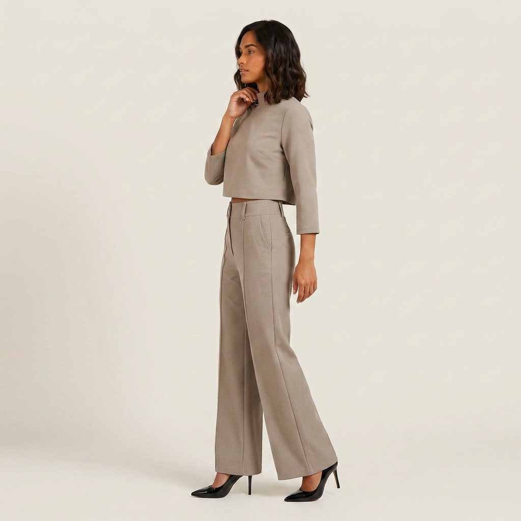 Conjunto Top Crop Cuello Alto Pantalón Recto para Mujer