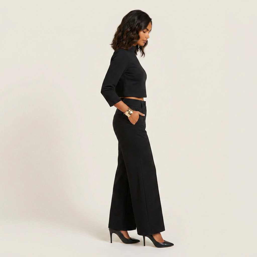 Conjunto Top Crop Cuello Alto Pantalón Recto para Mujer