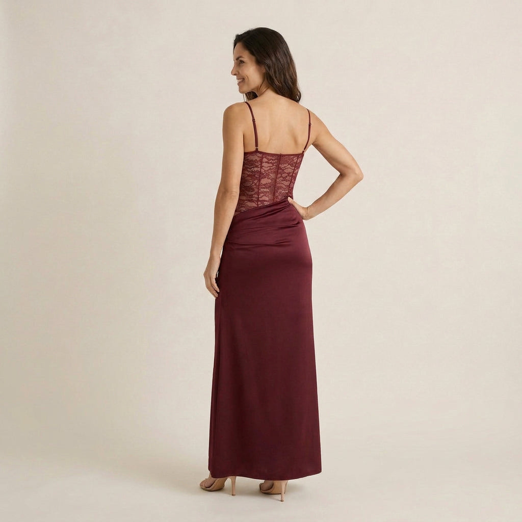 Vestido Largo Satinado con Encaje para Mujer