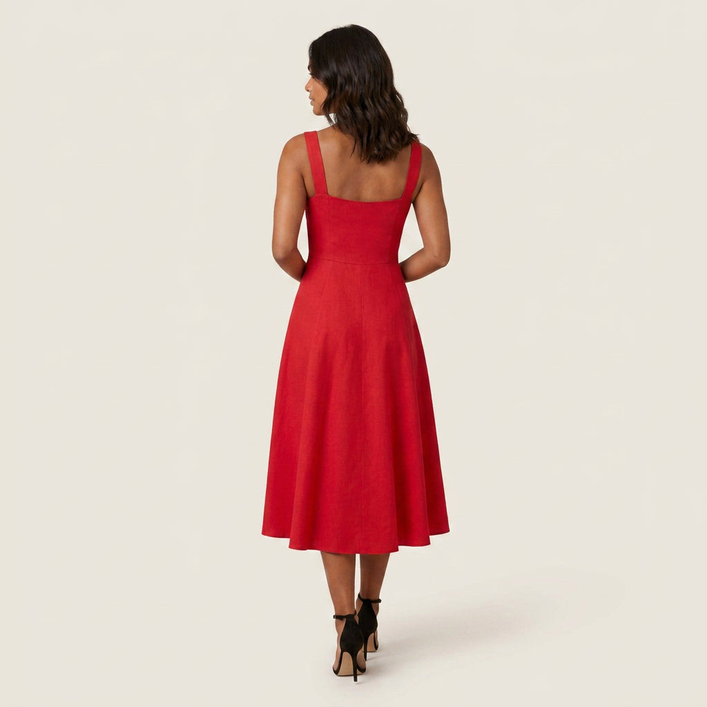 Vestido Midi Escote Cuadrado Falda Vuelo para Mujer