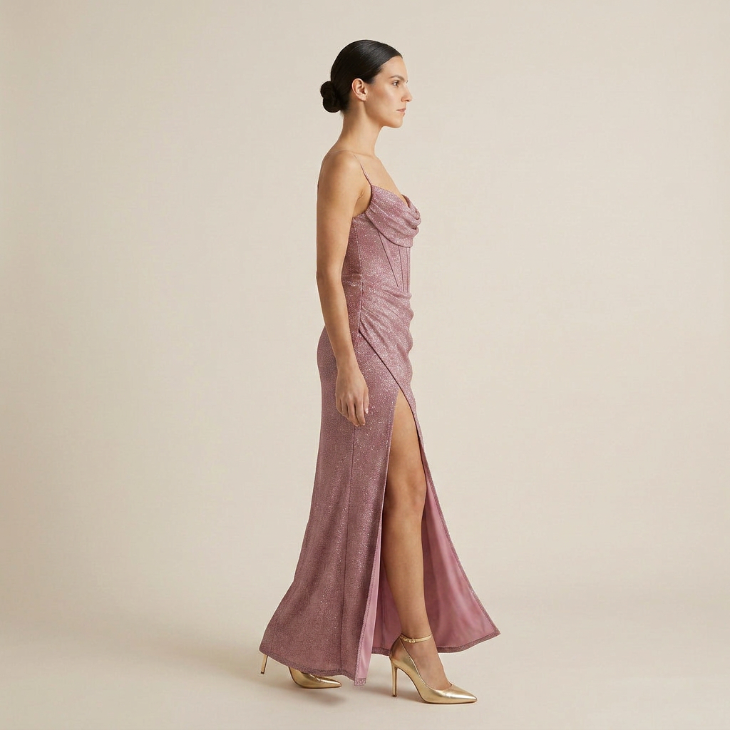 Vestido Maxi Glitter Corsé Cuello Cascada Abertura Lateral para Mujer