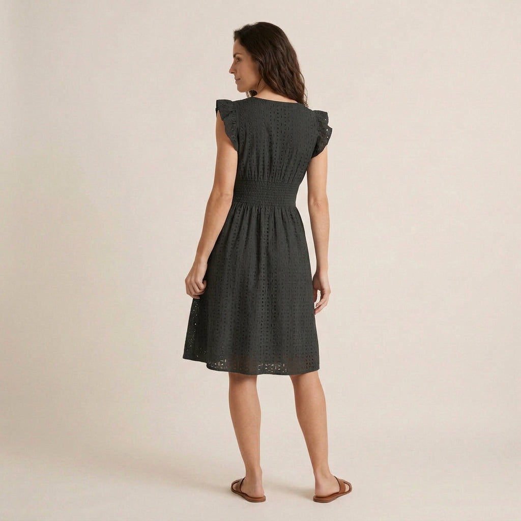 Vestido Midi Bordado Inglés Cintura Fruncida para Mujer