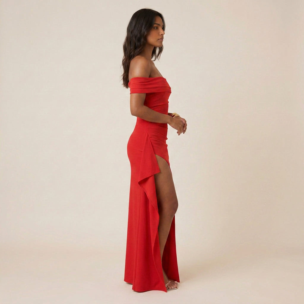 Vestido de Fiesta Largo Hombro Descubierto con Abertura para Mujer