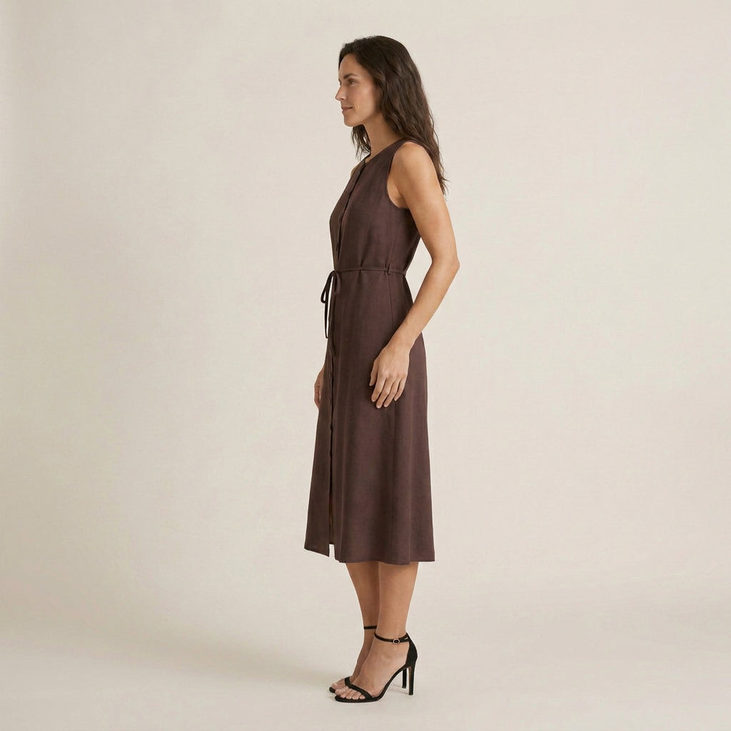 Vestido Midi sin Mangas con Botones y Cinturón para Mujer