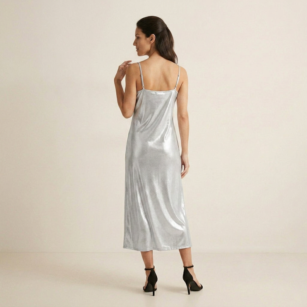 Vestido Midi Metálico Tirantes Finos Corte Slip para Mujer