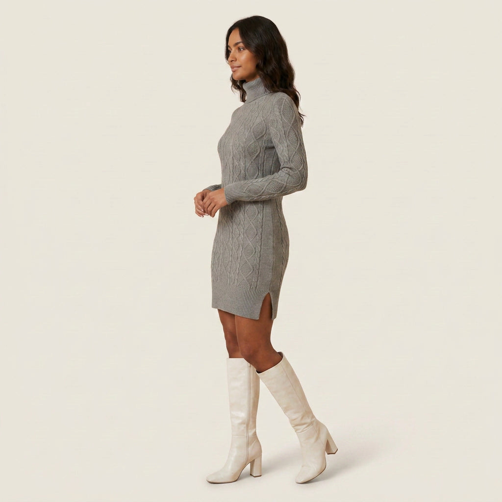 Vestido Corto de Punto Trenzado Cuello Vuelto para Mujer