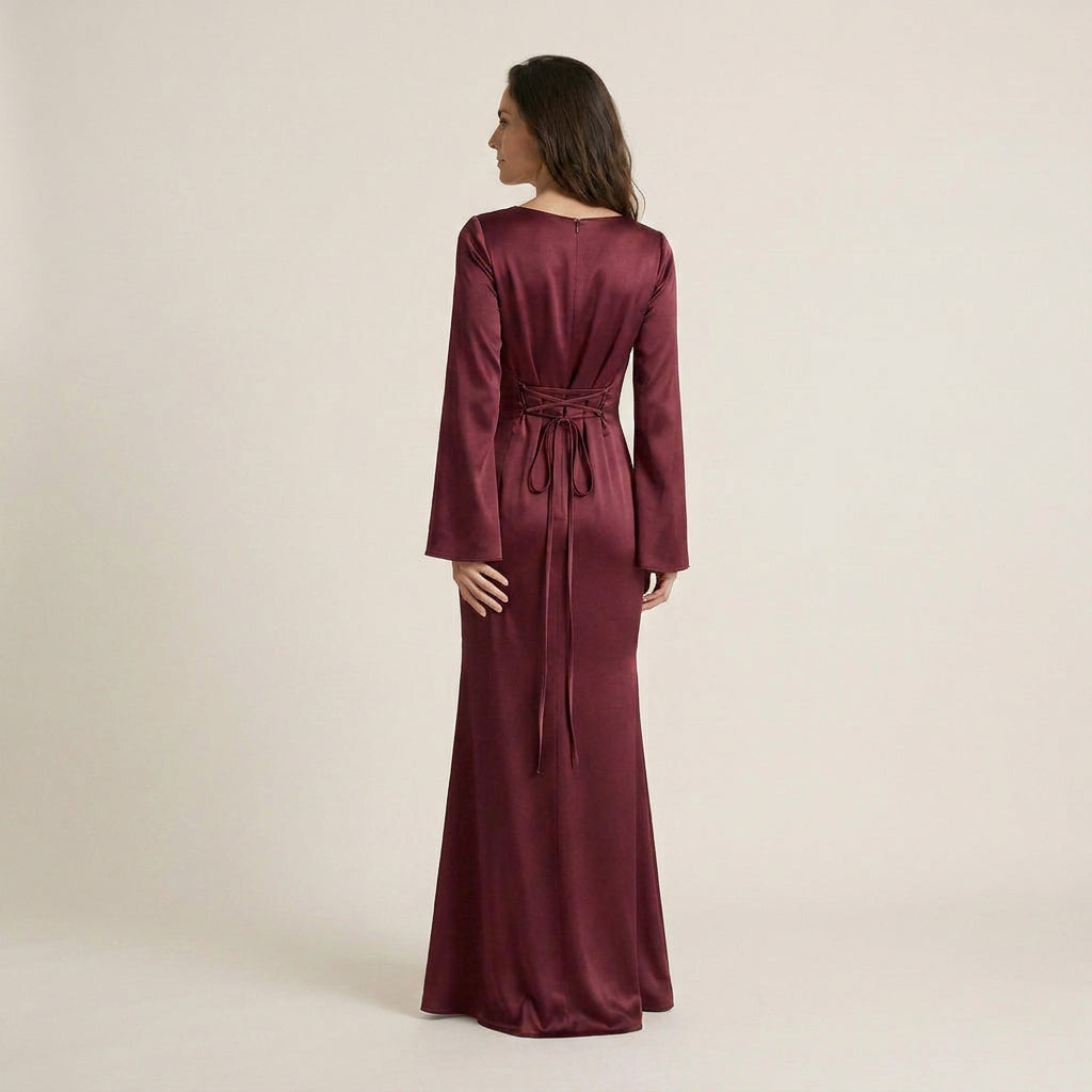 Vestido Largo Efecto Satén Manga Acampanada para Mujer