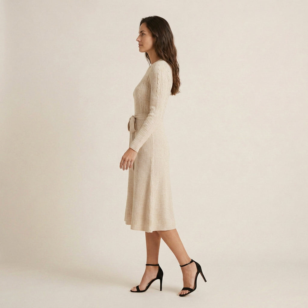 Vestido Midi De Punto Con Cinturón para Mujer