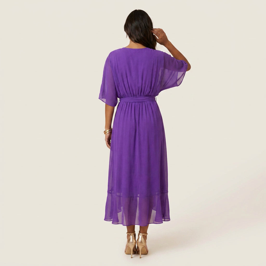 Vestido Midi Cruzado Efecto Gasa con Volante para Mujer