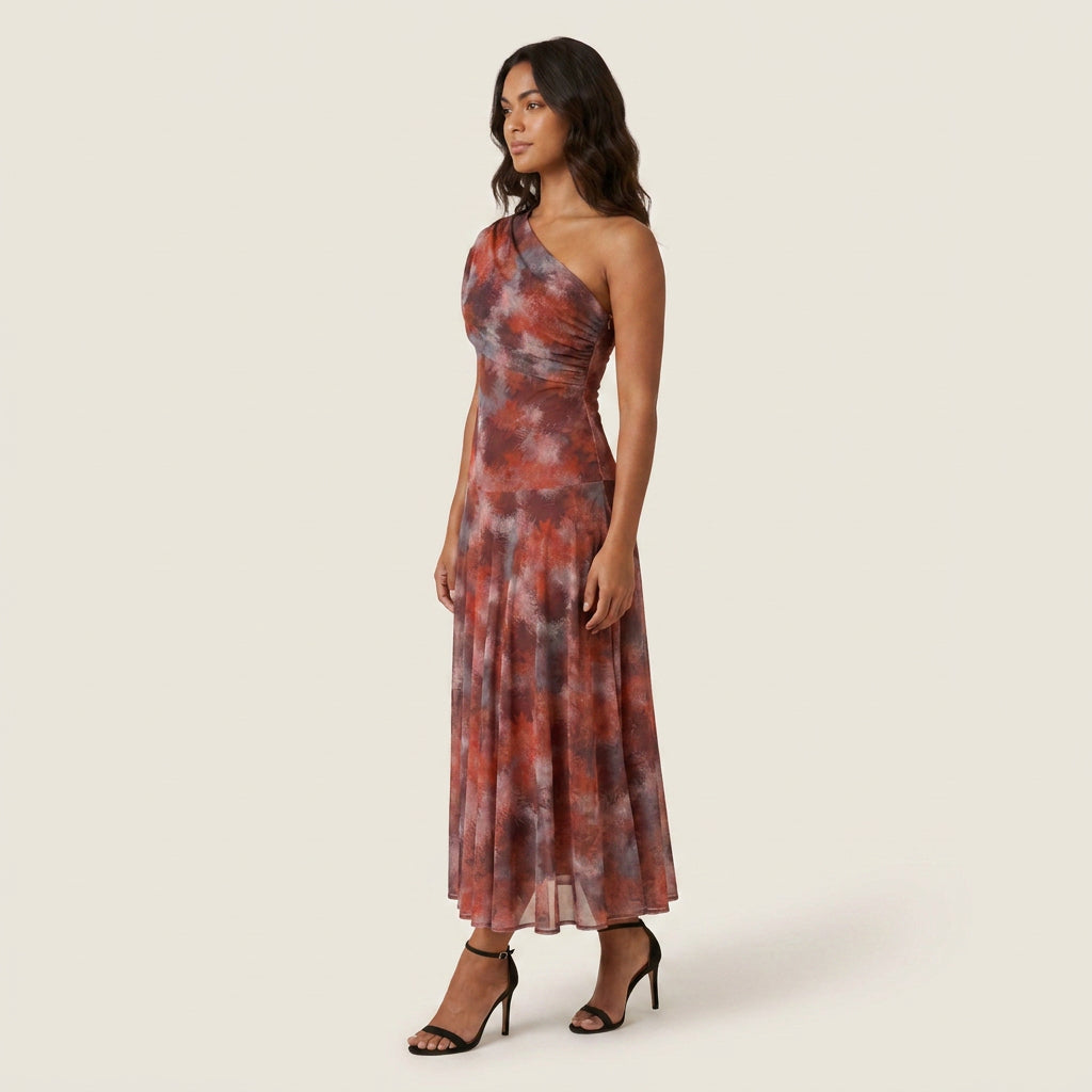 Vestido Midi Efecto Gasa un Solo Hombro para Mujer