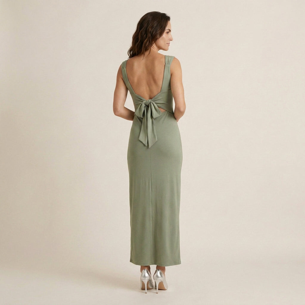 Vestido Largo Escote Drapeado Abertura Frontal para Mujer