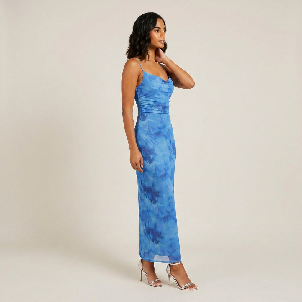 Vestido Largo Estampado Floral Escote Drapeado para Mujer