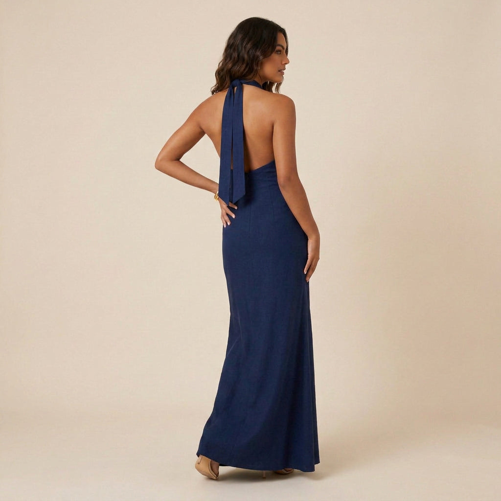 Vestido de Fiesta Largo Cuello Halter con Escote de Pico para Mujer