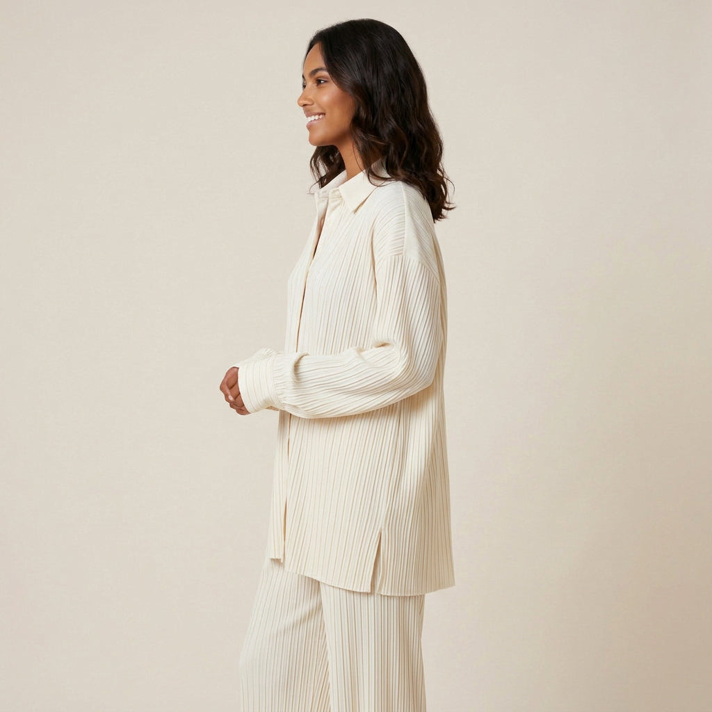 Conjunto Plisado Camisa y Pantalón Ancho para Mujer
