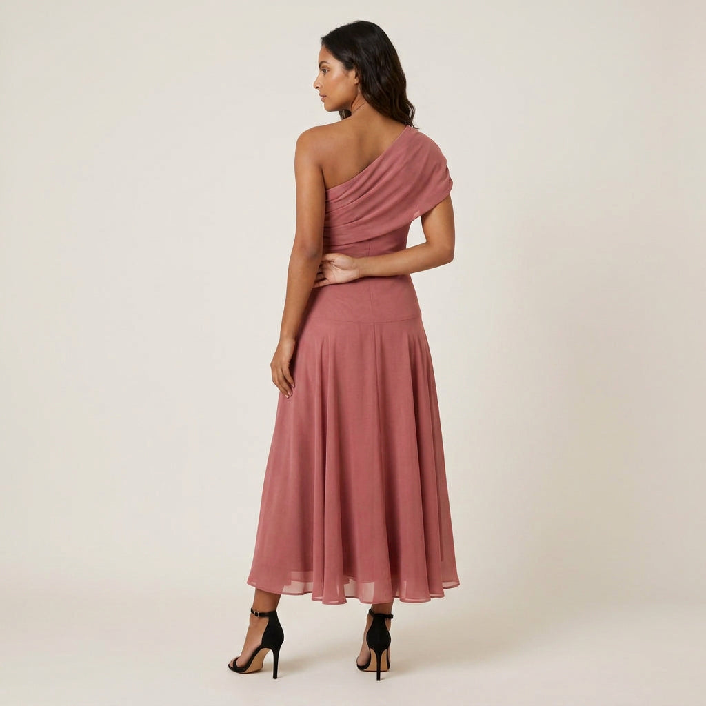 Vestido Midi Efecto Gasa un Solo Hombro para Mujer