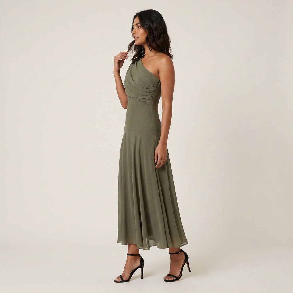 Vestido Midi Efecto Gasa un Solo Hombro para Mujer