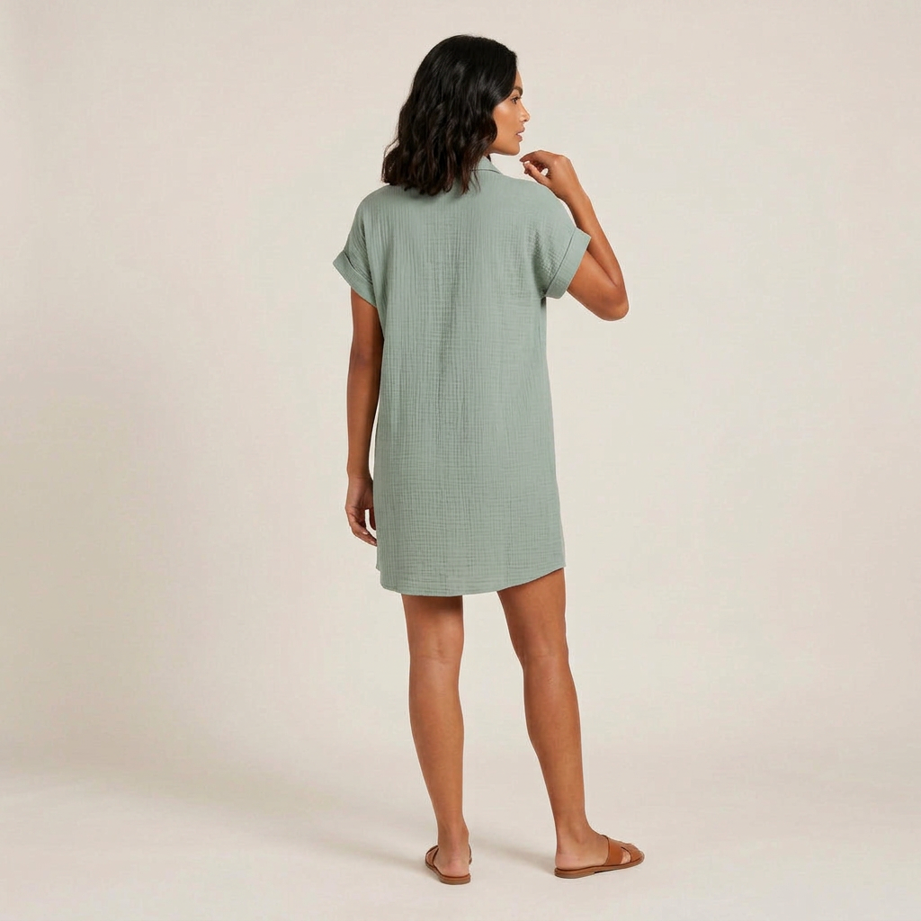Vestido Camisero Muselina Botones Madera Bolsillos para Mujer