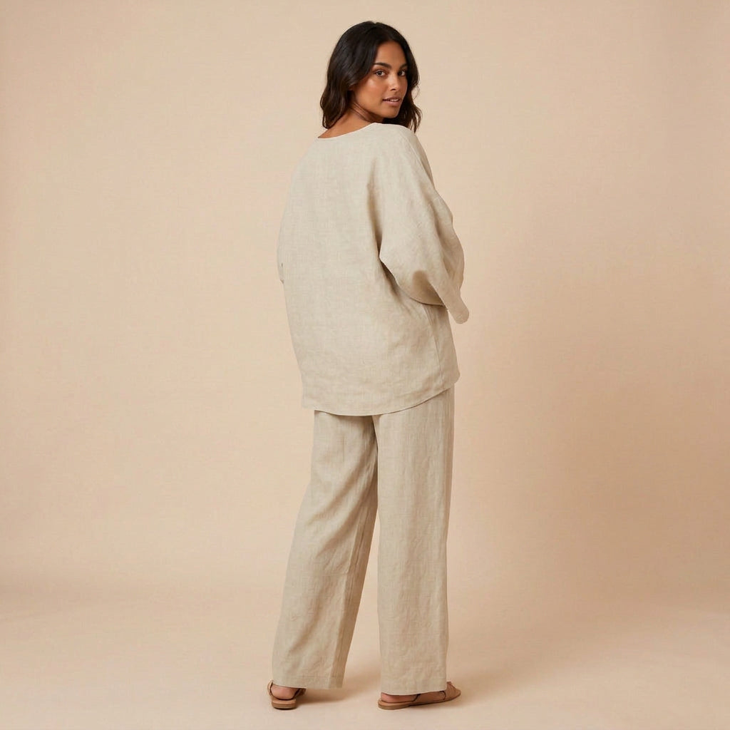 Conjunto de Lino con Blusa Asimétrica y Pantalón Ancho para Mujer