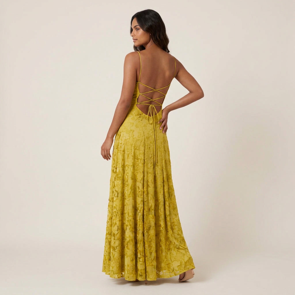 Vestido de Fiesta Largo Jacquard Floral con Tirantes para Mujer
