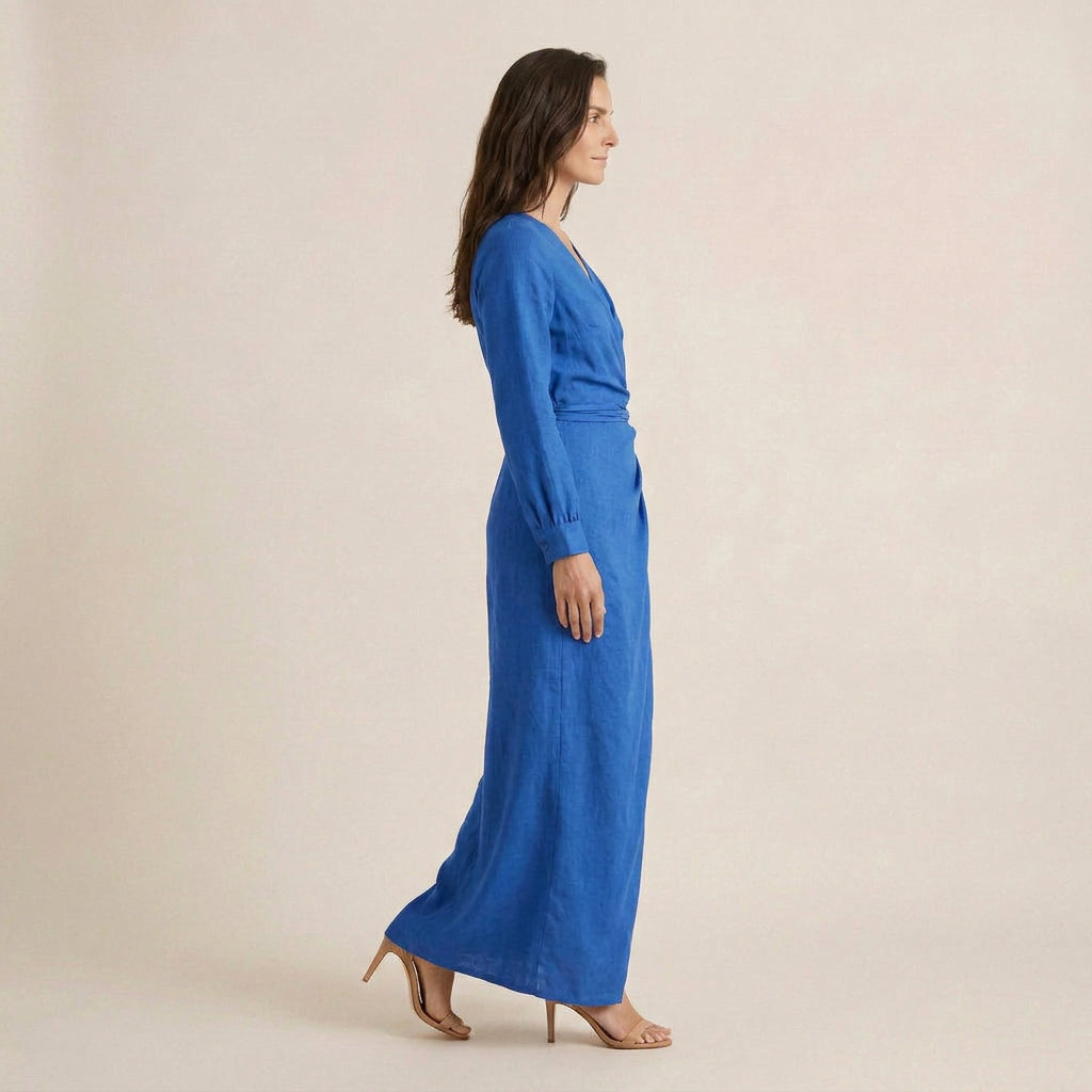 Vestido Largo Cruzado Efecto Lino Manga Larga para Mujer