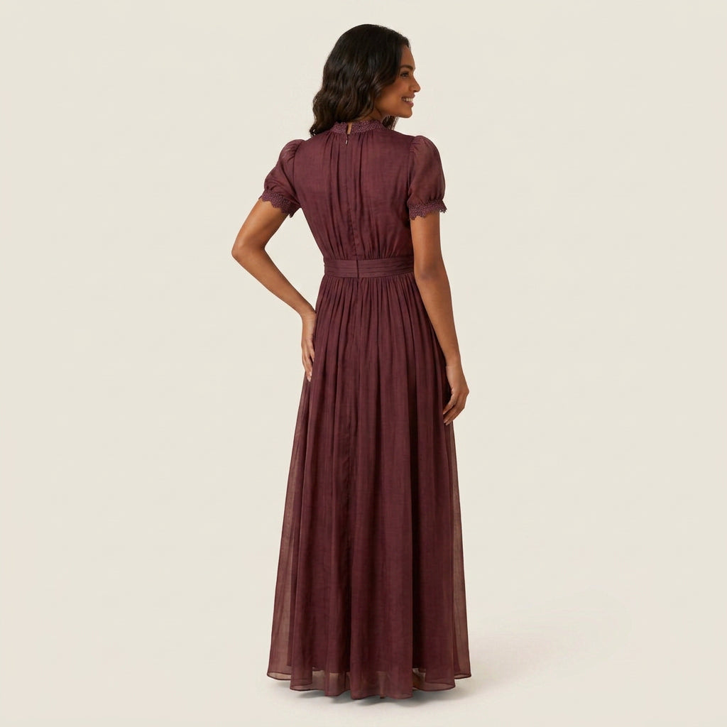 Vestido Largo Efecto Gasa con Encaje para Mujer