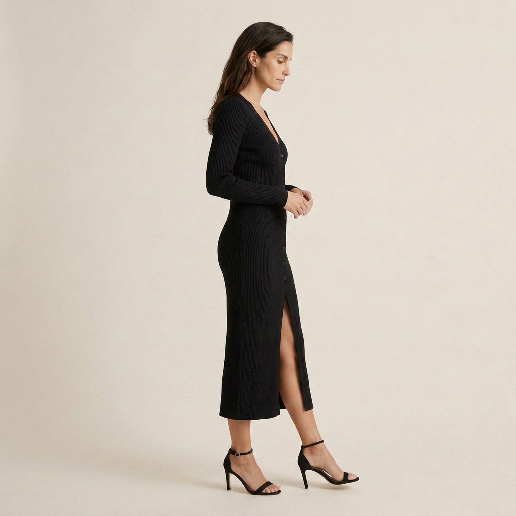 Vestido Midi de Punto Acanalado con Abertura Frontal para Mujer