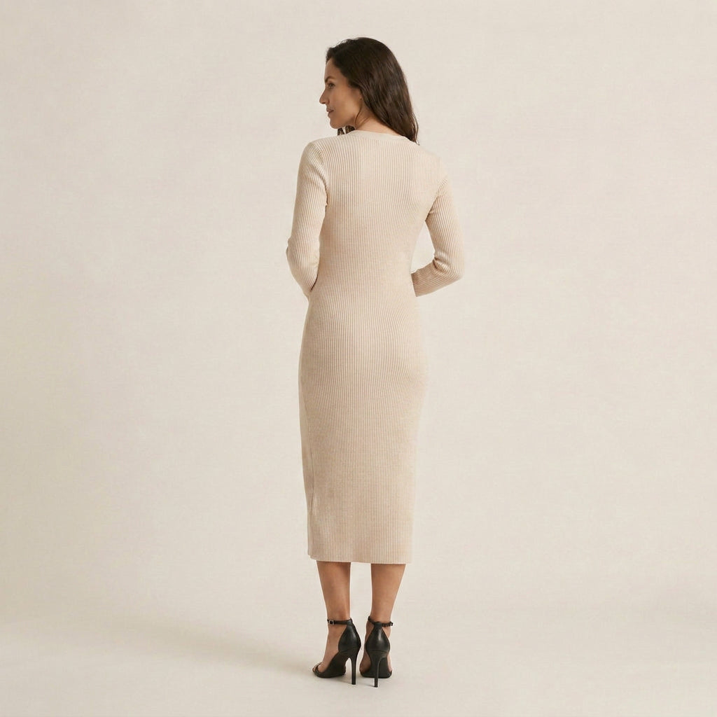 Vestido Midi de Punto Acanalado con Abertura Frontal para Mujer