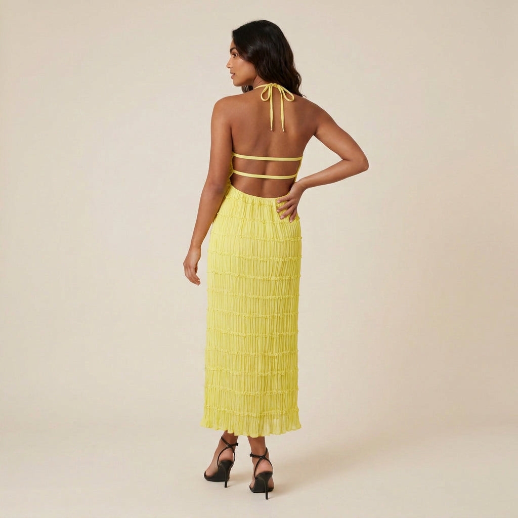 Vestido Midi Efecto Gasa con Cuello Halter para Mujer