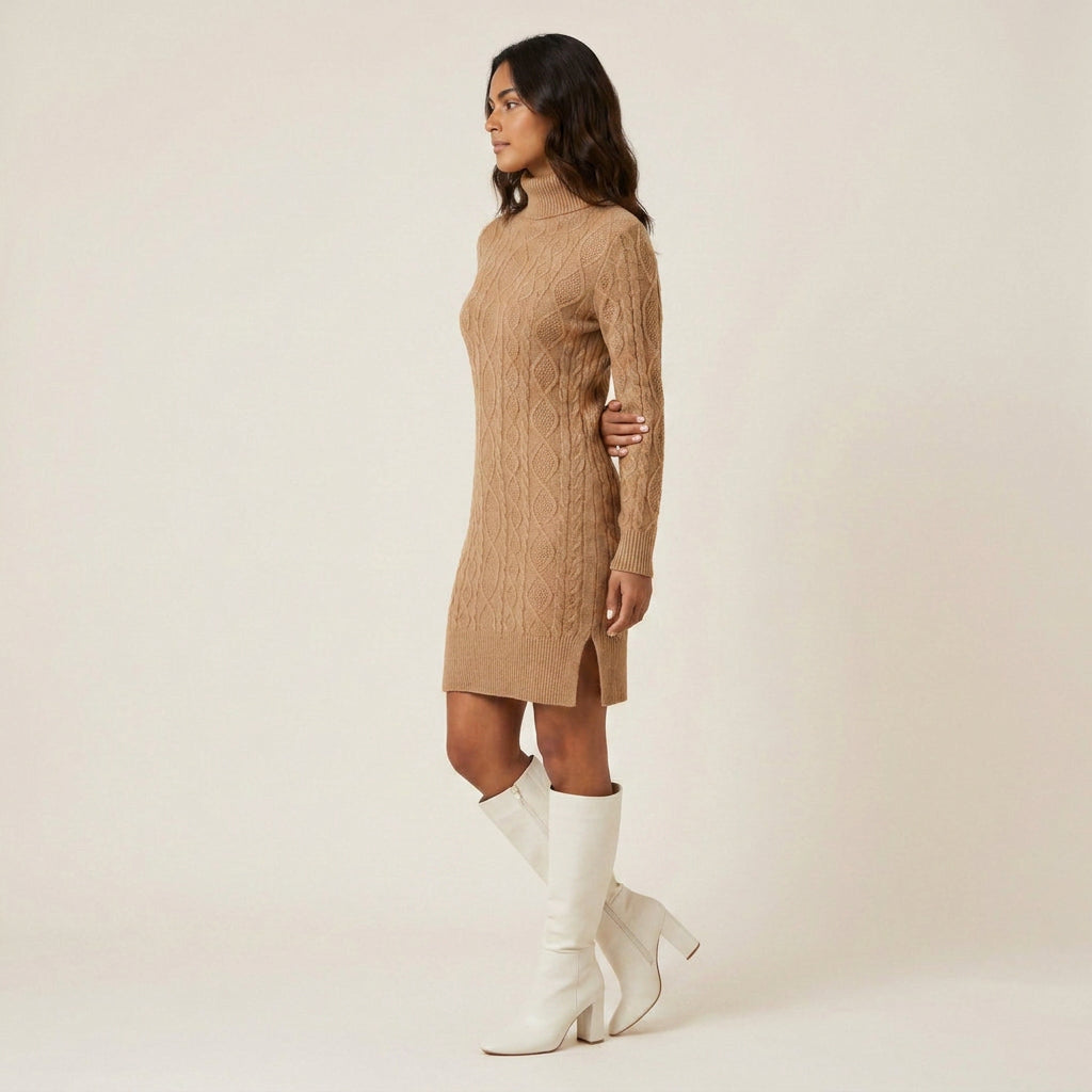 Vestido Corto de Punto Trenzado Cuello Vuelto para Mujer