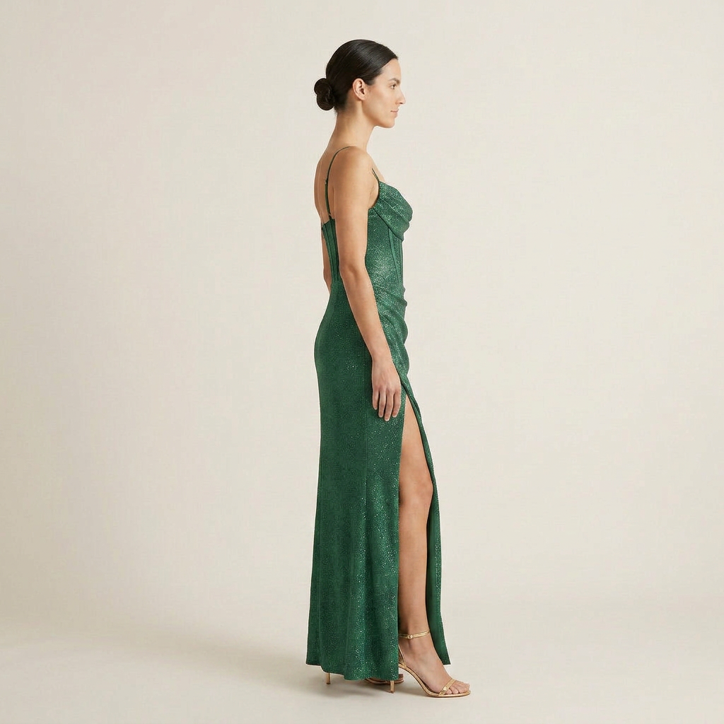 Vestido Maxi Glitter Corsé Cuello Cascada Abertura Lateral para Mujer