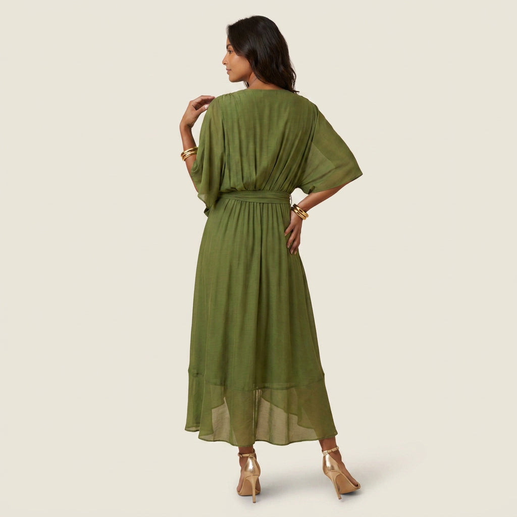 Vestido Midi Cruzado Efecto Gasa con Volante para Mujer