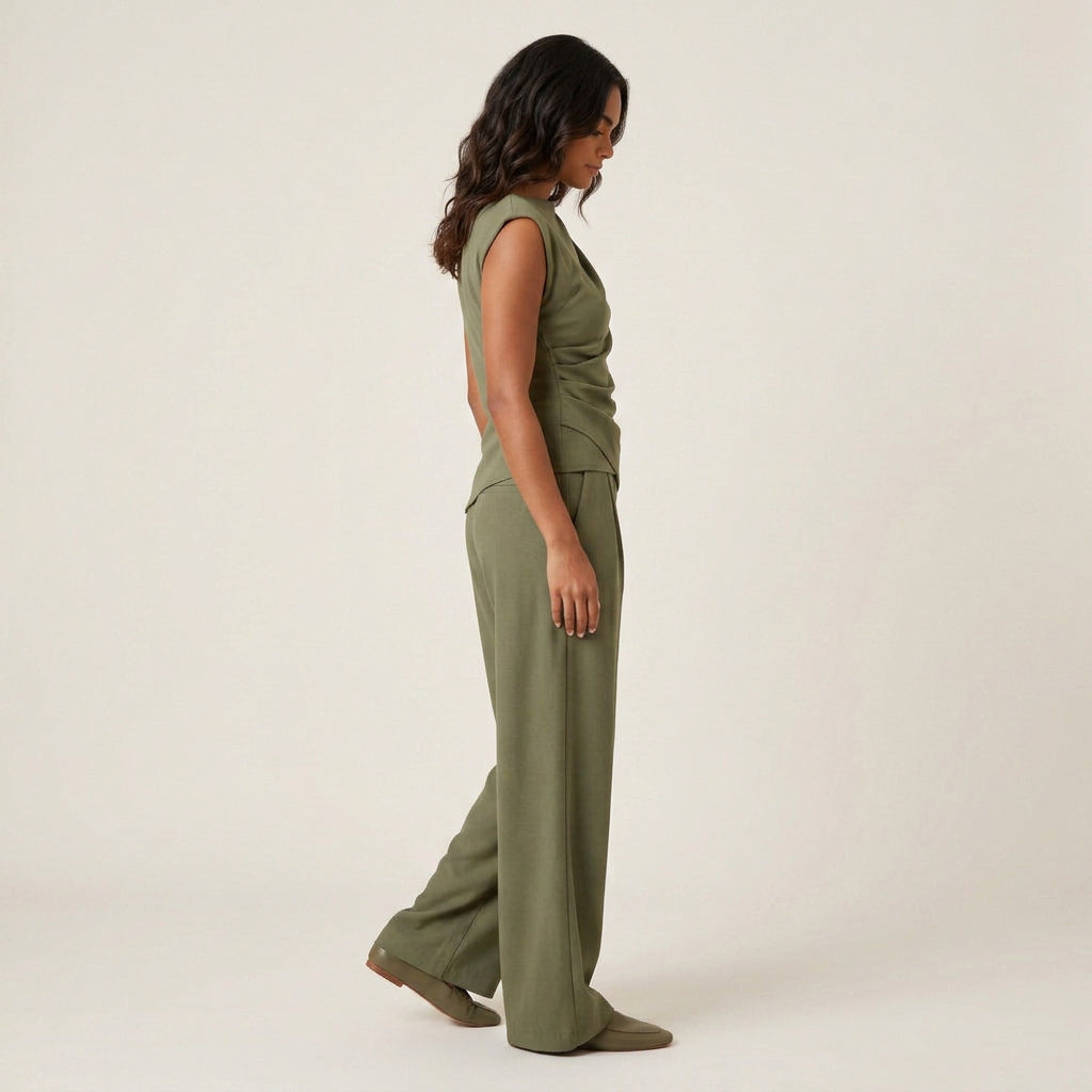 Conjunto Top Drapeado y Pantalón Ancho para Mujer