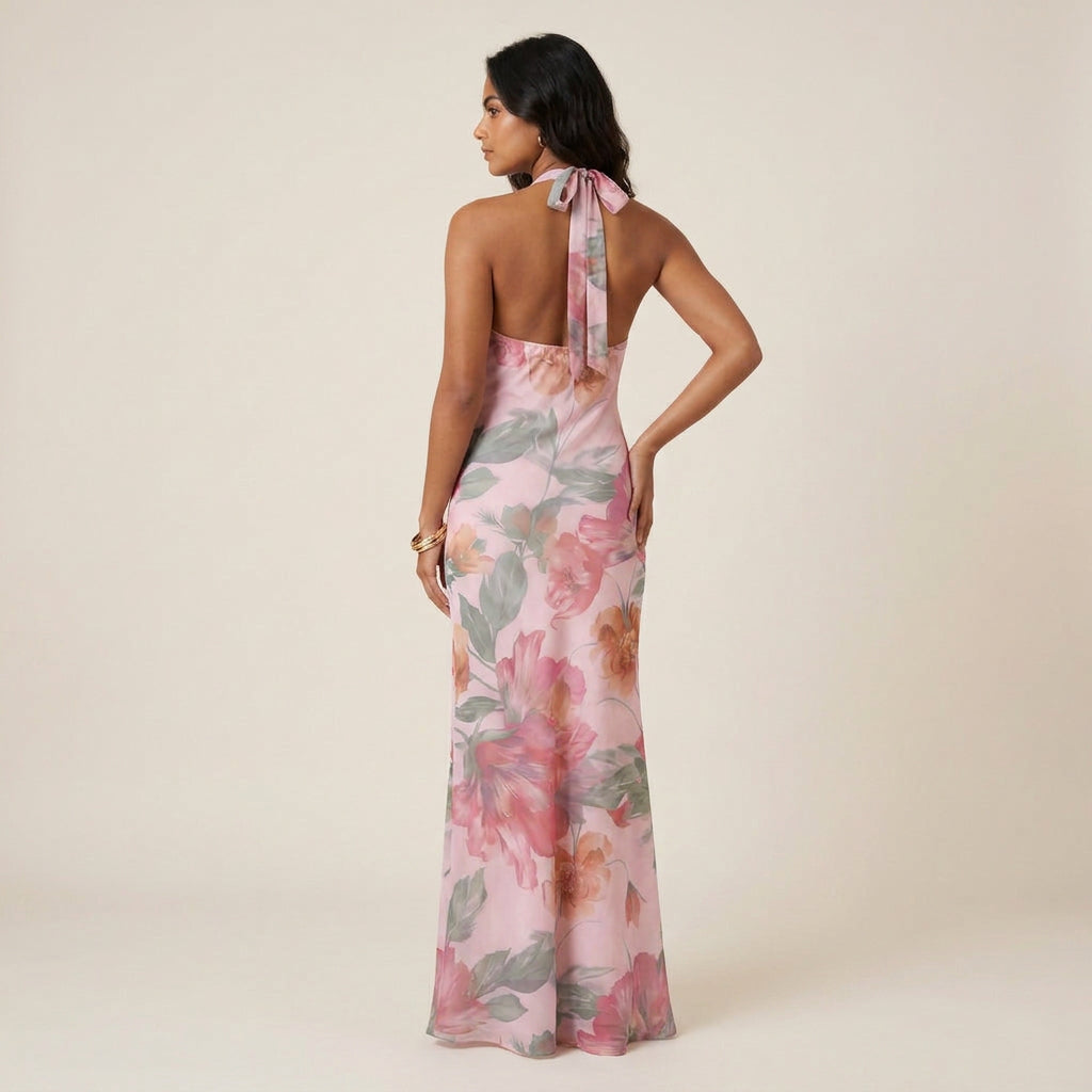 Vestido de Fiesta Largo Cuello Halter con Escote de Pico para Mujer