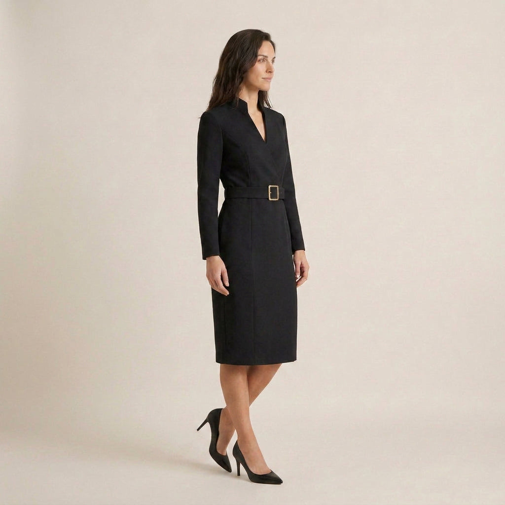 Vestido Midi Cuello Alto Cinturón Hebilla para Mujer