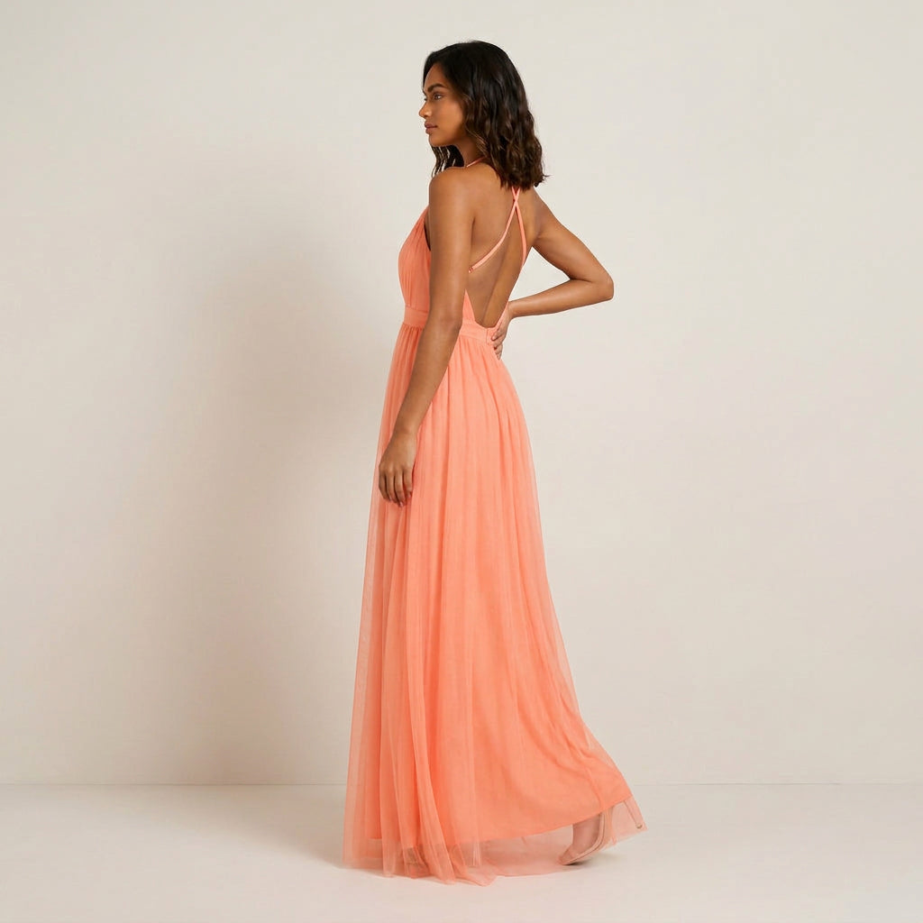 Vestido Fiesta Escote Halter Tul Vaporoso para Mujer