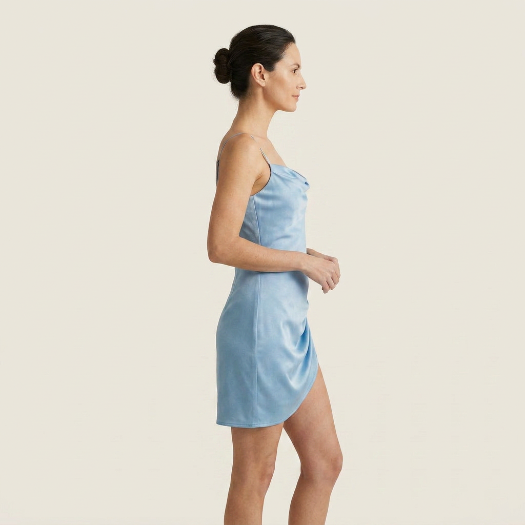 Vestido Mini Satén Cuello Cascada Fruncido Lateral para Mujer
