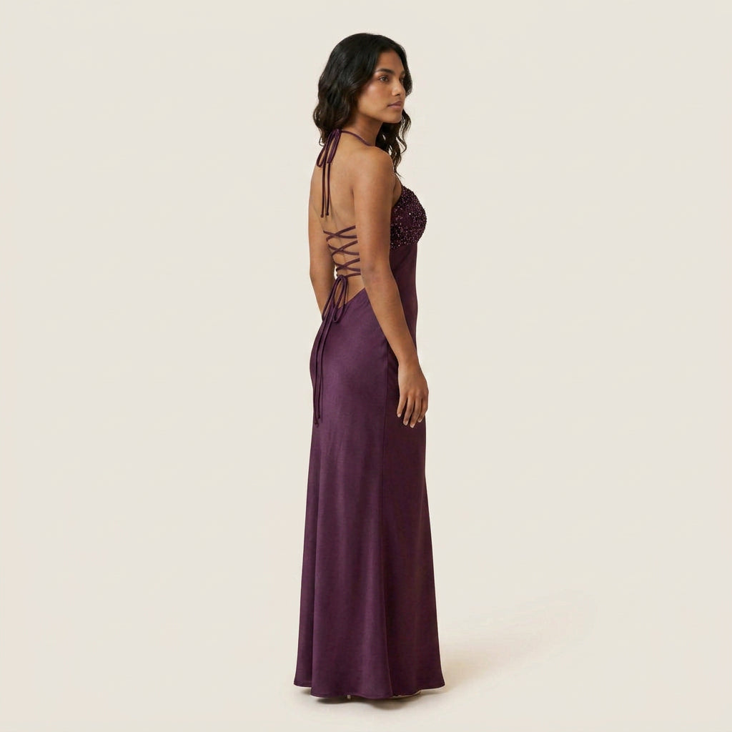 Vestido Largo Efecto Satén con Pedrería para Mujer