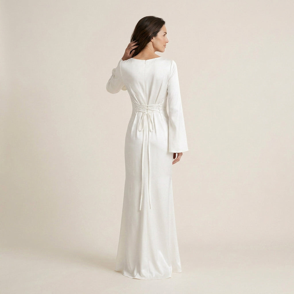 Vestido Largo Efecto Satén Manga Acampanada para Mujer