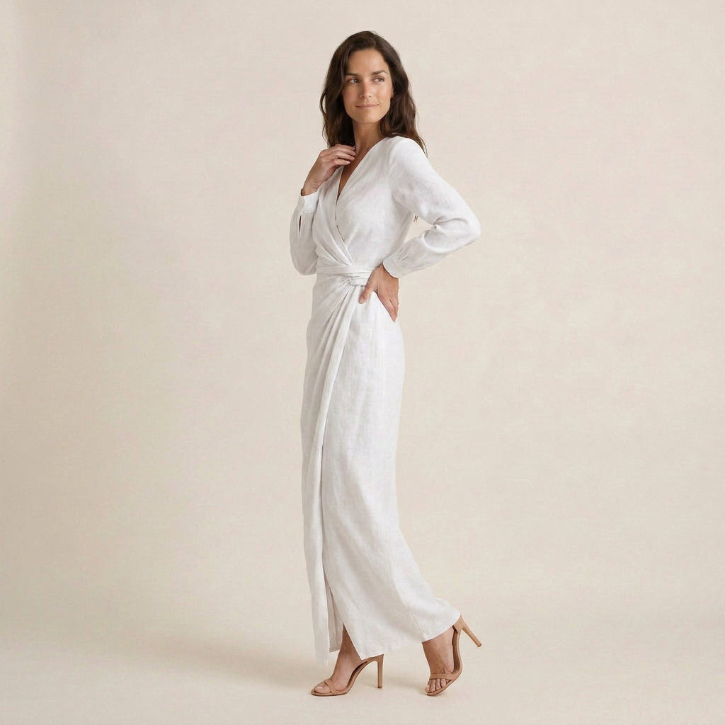 Vestido Largo Cruzado Efecto Lino Manga Larga para Mujer